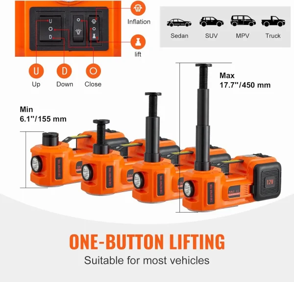 Electric Car Jack, 5 Ton/11023 LBS Hydraulic Jack Lift with Electric Impact Wrench, Built-in Inflatable Pump, and LED Light
